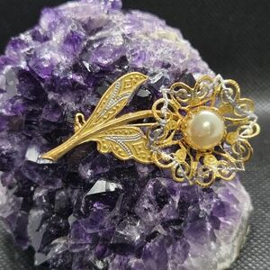 Damascene Flower with Pearl Brooch Vintage
